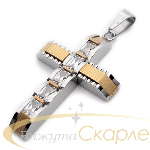 Позлатен кръст от неръждаема стомана с кристали - 5 см на кожена - 55 см или метална верижка -60 см по избор - S-ML1144
