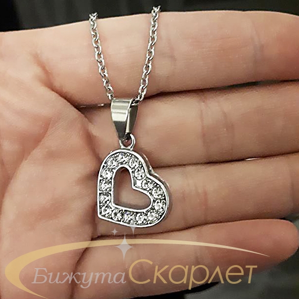 Романтично колие от неръждаема стомана, дълго 45 см с висулка сърце с кристали 1,6 см - S-K1175