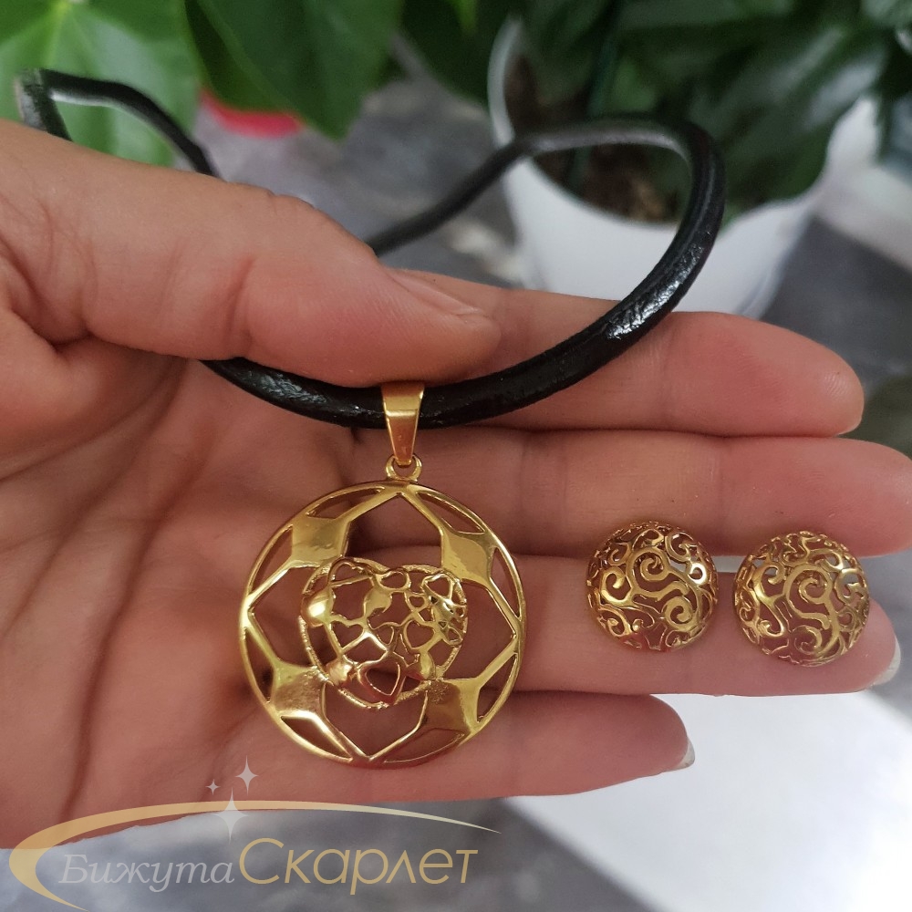 Нов дизайнерски комплект от черна кожена каишка в 3 размера с висулка 3 см и обеци 1,5 см, стомана - S-KO1580