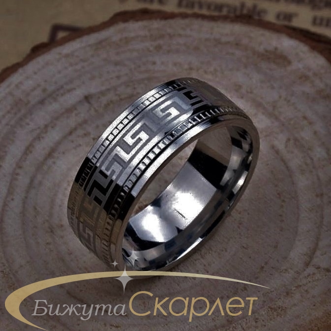 Класическа широка гравирана стоманена халка, ширина 0,7 см, изящна изработка, черна основа със сребристи римски детайли - S-P1248