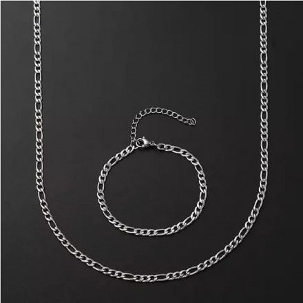 Класически комплект от медицинска стомана фигаро плетка, тънък ланец в 4 размера и гривна 18 + 5 см, широки 0,4 см, не променя цвета си - S-LG1016
