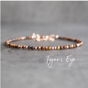 Много нежна гривна за крак или ръка от естествен камък кафяво тигрово око 3 мм топче,позлатени стоманени рингове, закопчалка и удължител - S-GA3007