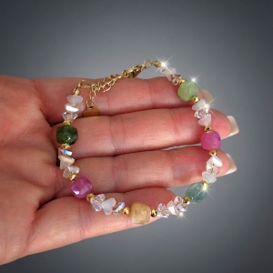 Лечебна ръчно изработена гривна от естествен разноцветен турмалин висок клас и стоманени накрайници, дълга 17 см + удължител 5 см– S-GA7214
