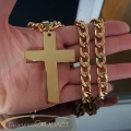 Масивен позлатен кръст 7 см на едър ланец 60 см, широк 1 см, от медицинска стомана, златно покритие - S-ML1572