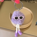 Много сладко лилаво пухче с очила и движещи се крачета 10 см на сребрист стоманен ключодържател 14 см - S-KL1102