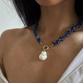 Сет колие и гривна естествен камък син лазурит чипс, перлени висулки и ефектна позлатена стоманена закопчалка, 3 дължини - S-KG1063